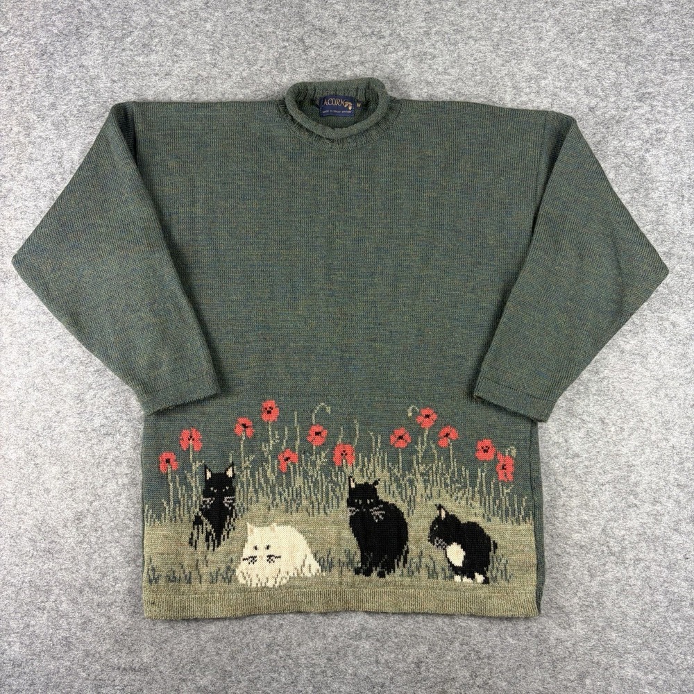 Vintage Acorn Sweater 100% Pure New Wool Cat Knit Roll Neck Jumper Medium FLAWS